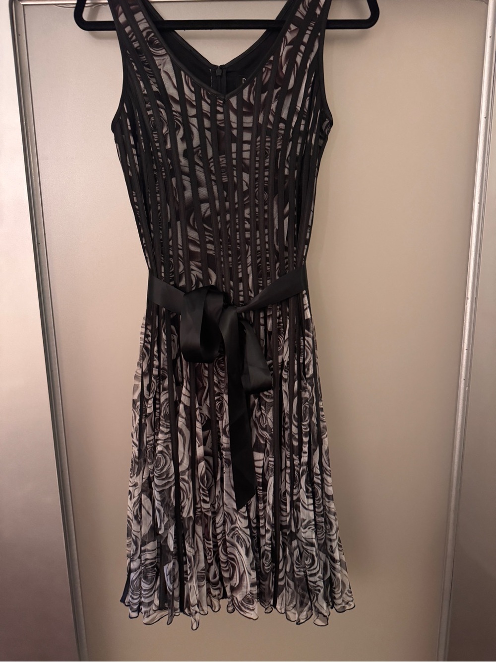 Black and White Floral Midi Dress with Satin Waist Tie